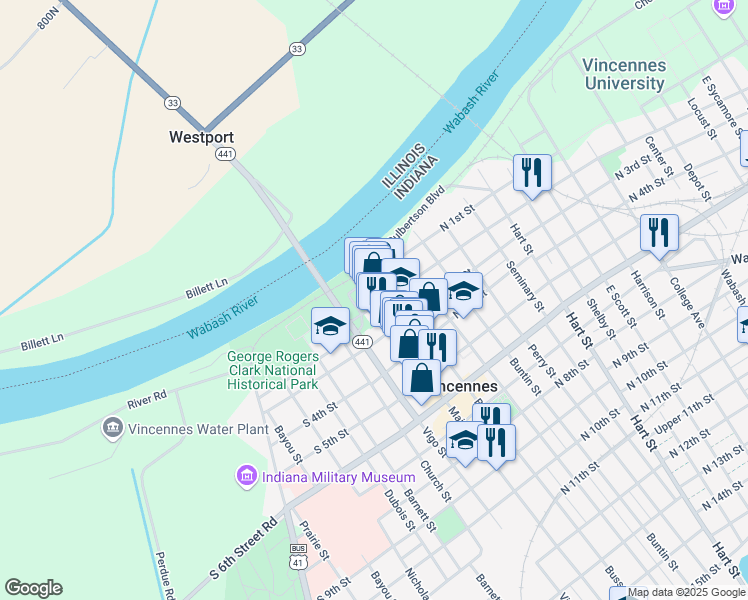 map of restaurants, bars, coffee shops, grocery stores, and more near 118 Main St in Vincennes