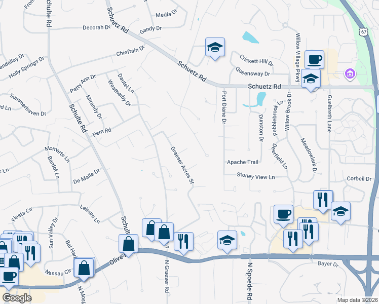 map of restaurants, bars, coffee shops, grocery stores, and more near 40 Patterson Court in St. Louis
