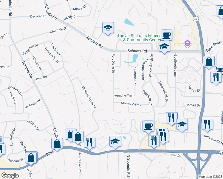 map of restaurants, bars, coffee shops, grocery stores, and more near 11149 Yellowstone Drive in St. Louis