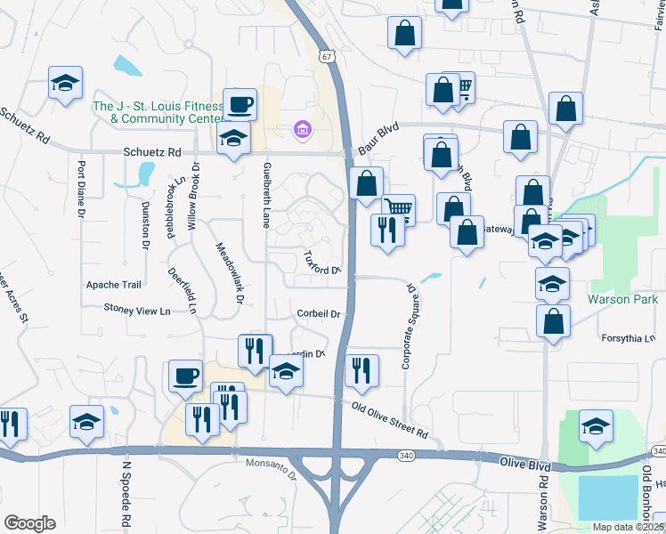 map of restaurants, bars, coffee shops, grocery stores, and more near 10309 Tuxford Drive in St. Louis