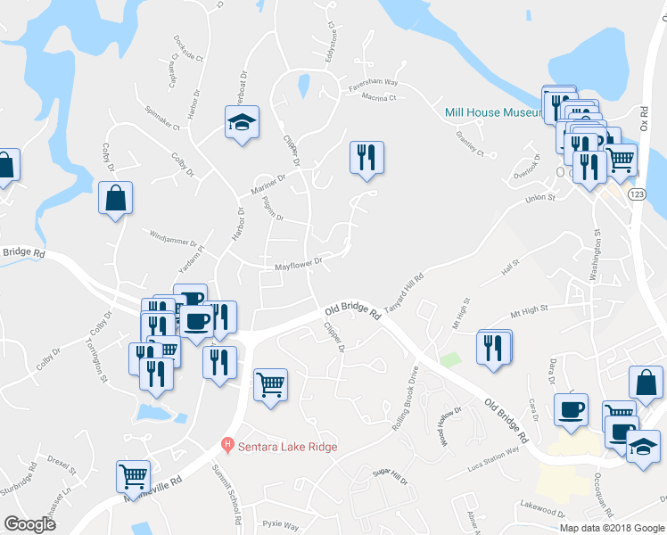 map of restaurants, bars, coffee shops, grocery stores, and more near 2077 Mayflower Drive in Woodbridge