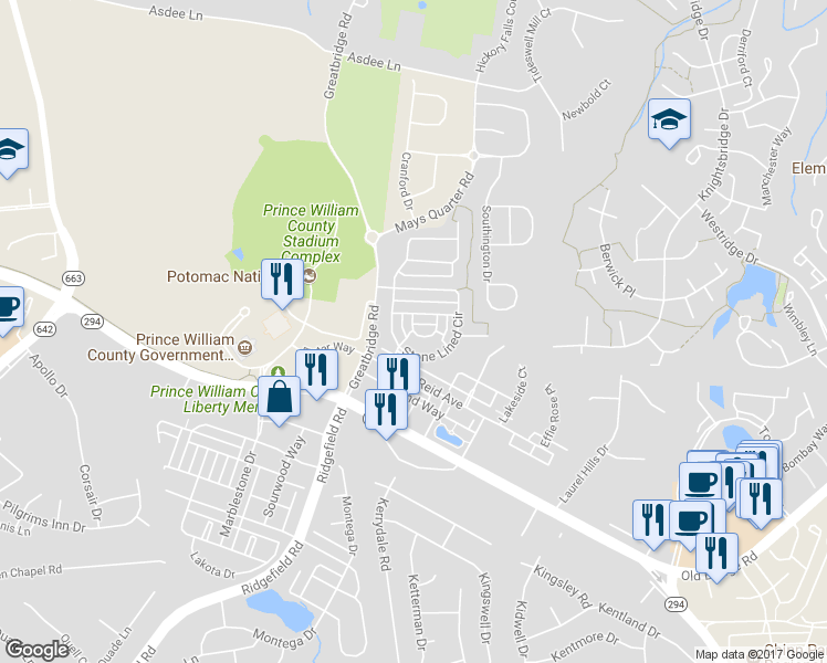 map of restaurants, bars, coffee shops, grocery stores, and more near 12645 Terranova Lane in Woodbridge