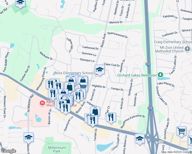 map of restaurants, bars, coffee shops, grocery stores, and more near 1150 Ross Avenue in St. Louis