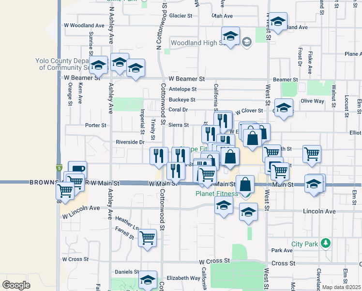 map of restaurants, bars, coffee shops, grocery stores, and more near 224 Schuerle Street in Woodland