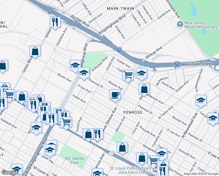 map of restaurants, bars, coffee shops, grocery stores, and more near 4850 Bessie Avenue in St. Louis
