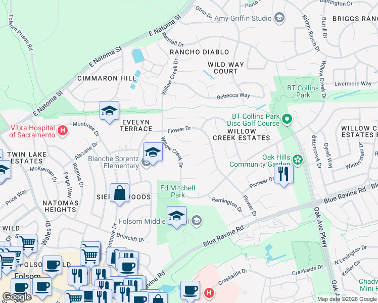 map of restaurants, bars, coffee shops, grocery stores, and more near 128 Llewellyn Court in Folsom