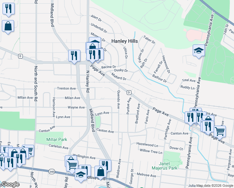 map of restaurants, bars, coffee shops, grocery stores, and more near 7316 Trenton Avenue in University City