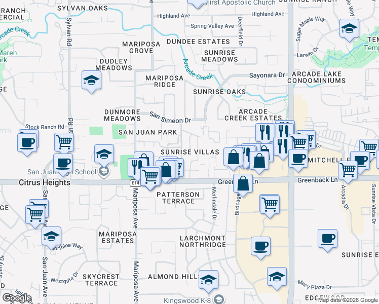 map of restaurants, bars, coffee shops, grocery stores, and more near 7711 Greenback Lane in Citrus Heights