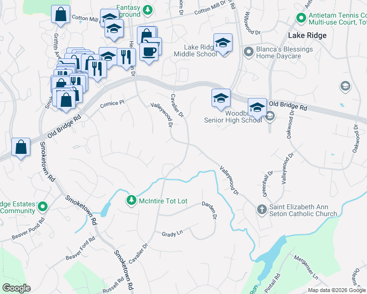 map of restaurants, bars, coffee shops, grocery stores, and more near 12863 Valleywood Drive in Woodbridge