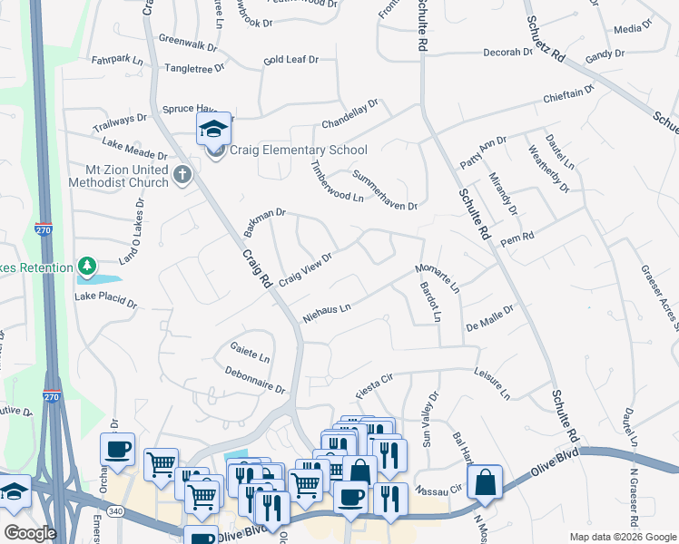 map of restaurants, bars, coffee shops, grocery stores, and more near 11912 Craig View Drive in St. Louis