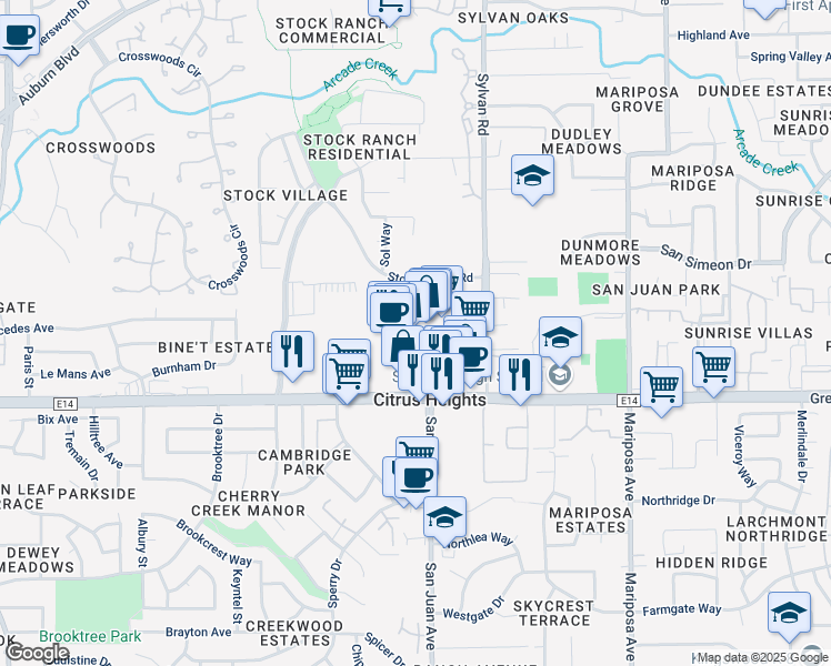 map of restaurants, bars, coffee shops, grocery stores, and more near 7313 Greenback Lane in Citrus Heights