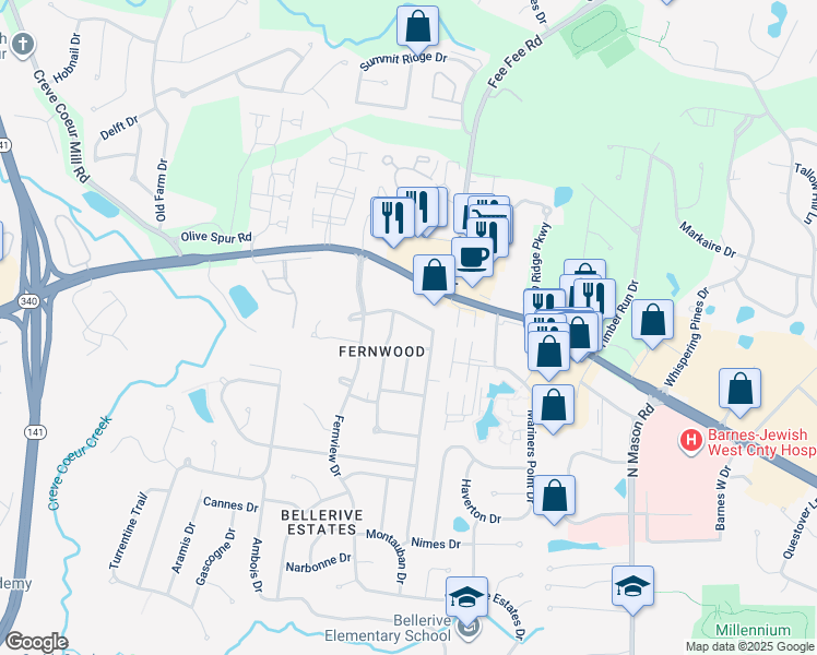 map of restaurants, bars, coffee shops, grocery stores, and more near 12924 Fernway Lane in Creve Coeur