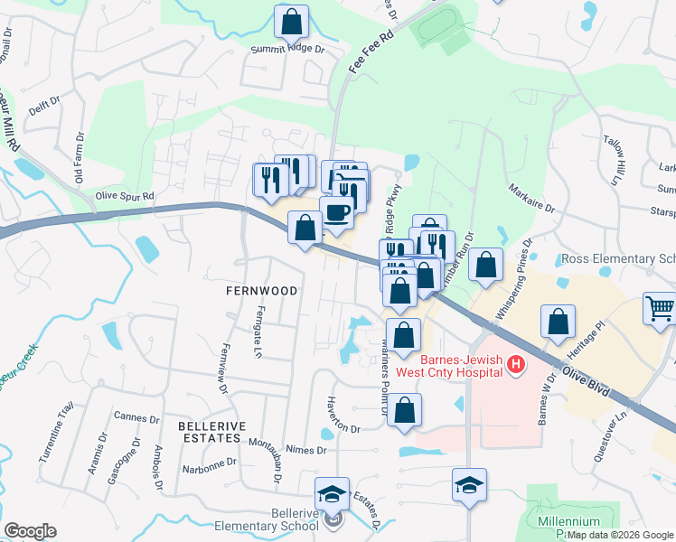 map of restaurants, bars, coffee shops, grocery stores, and more near 1187 Town and Four Parkway Drive in Creve Coeur