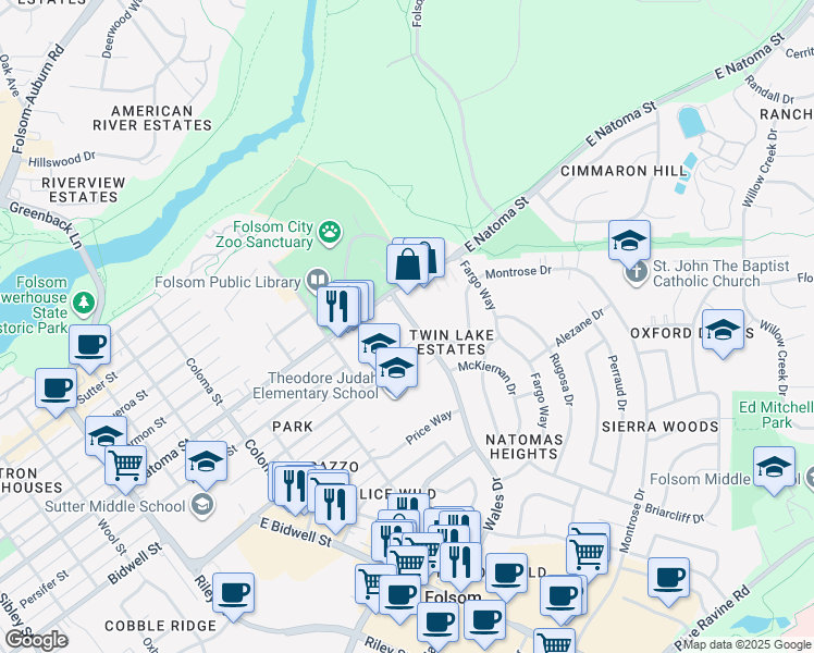 map of restaurants, bars, coffee shops, grocery stores, and more near 208 Wales Drive in Folsom