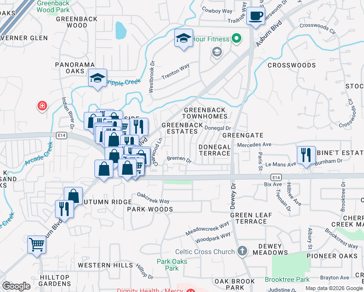 map of restaurants, bars, coffee shops, grocery stores, and more near 6245 Cavan Drive in Citrus Heights