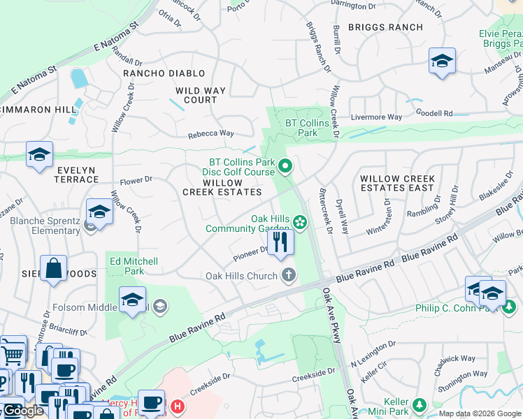 map of restaurants, bars, coffee shops, grocery stores, and more near 619 Willow Creek Drive in Folsom