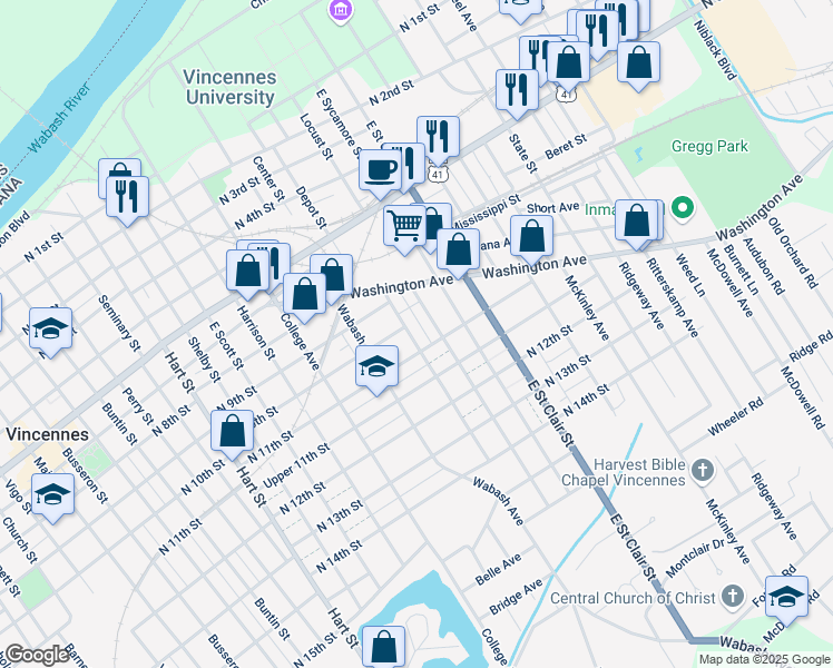 map of restaurants, bars, coffee shops, grocery stores, and more near 1002 Oak Street in Vincennes