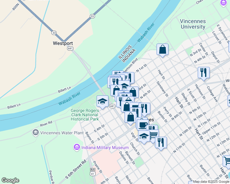 map of restaurants, bars, coffee shops, grocery stores, and more near 118 Main Street in Vincennes