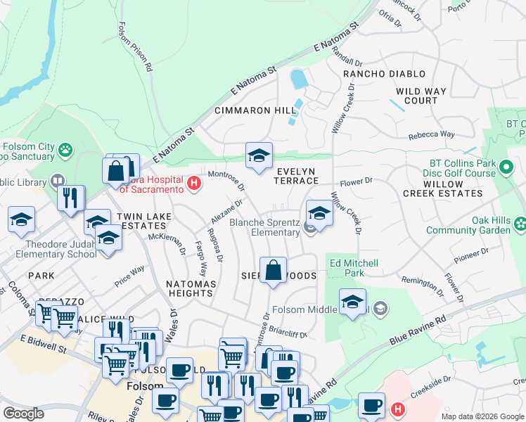 map of restaurants, bars, coffee shops, grocery stores, and more near 205 Talisman Drive in Folsom