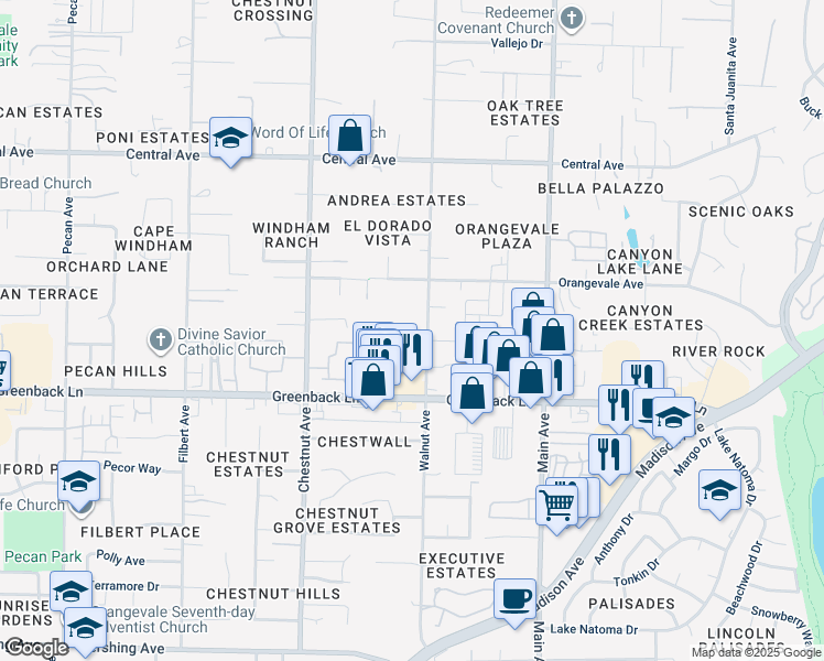 map of restaurants, bars, coffee shops, grocery stores, and more near 6315 Walnut Avenue in Orangevale