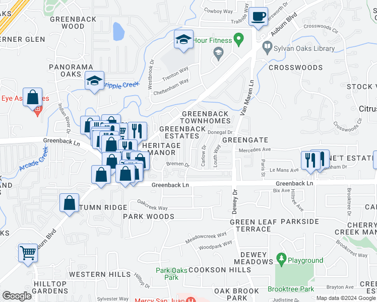 map of restaurants, bars, coffee shops, grocery stores, and more near 6248 Longford Drive in Citrus Heights