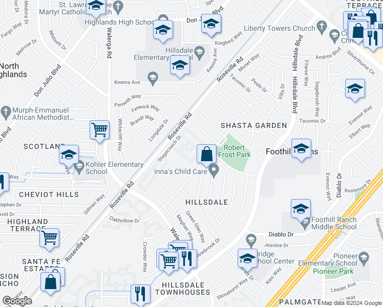 map of restaurants, bars, coffee shops, grocery stores, and more near 6318 Bonanza Drive in Sacramento