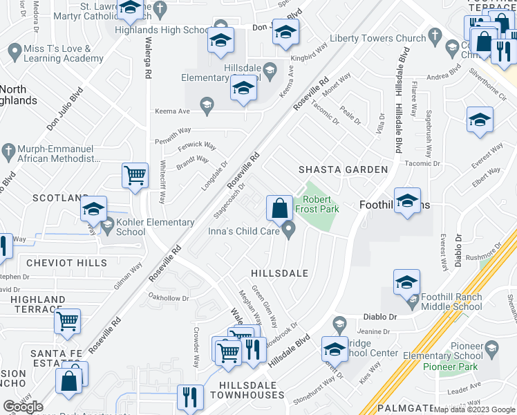 map of restaurants, bars, coffee shops, grocery stores, and more near 6318 Bonanza Drive in Sacramento