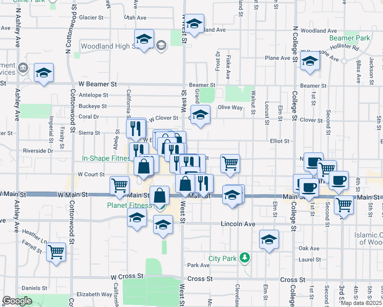 map of restaurants, bars, coffee shops, grocery stores, and more near 15 North Street in Woodland