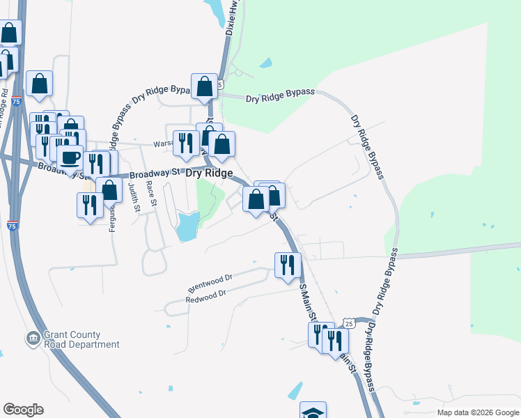 map of restaurants, bars, coffee shops, grocery stores, and more near 106 South Main Street in Dry Ridge