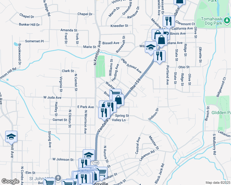 map of restaurants, bars, coffee shops, grocery stores, and more near 502 Wadsworth Street in Collinsville