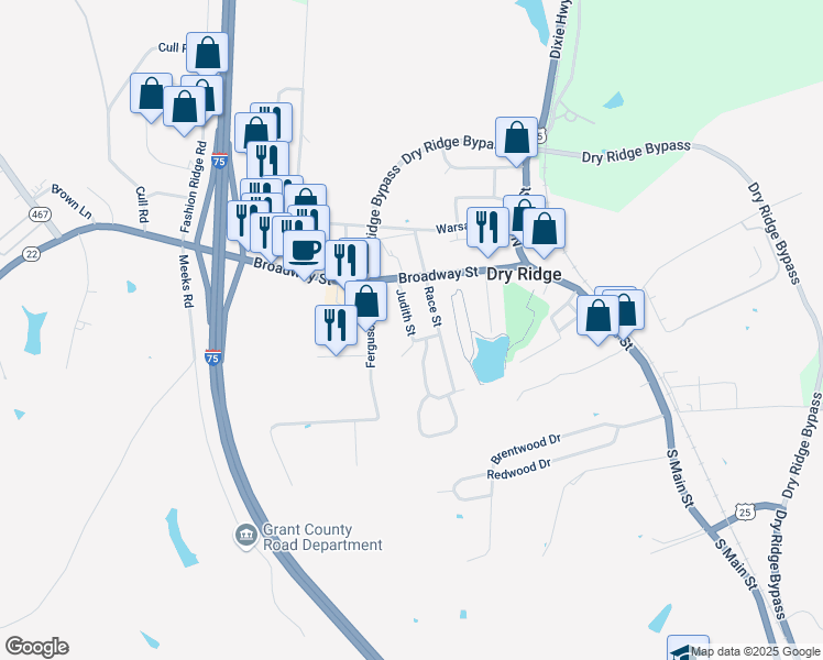map of restaurants, bars, coffee shops, grocery stores, and more near 25 Judith Street in Dry Ridge