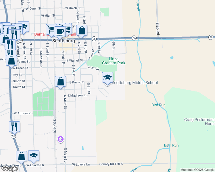 map of restaurants, bars, coffee shops, grocery stores, and more near 425 South 3rd Street in Scottsburg