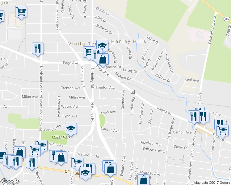 map of restaurants, bars, coffee shops, grocery stores, and more near 7316 Trenton Avenue in University City