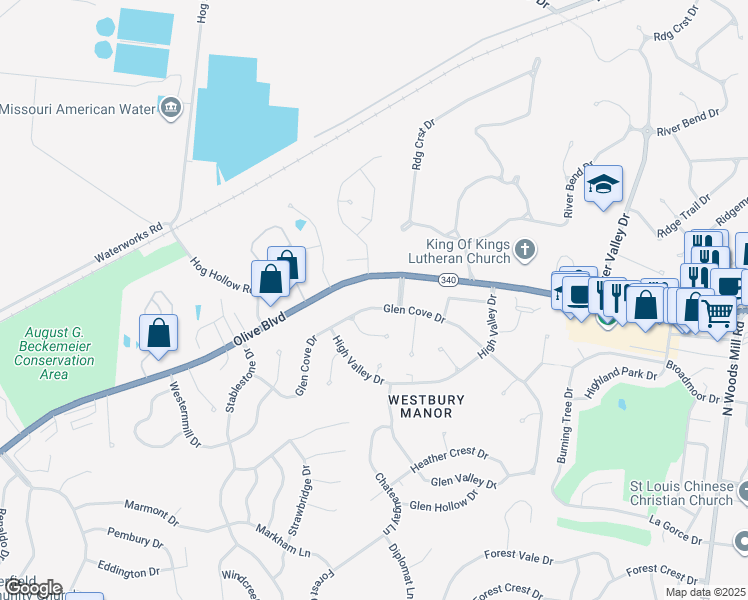 map of restaurants, bars, coffee shops, grocery stores, and more near 13916 Olive Boulevard in Chesterfield