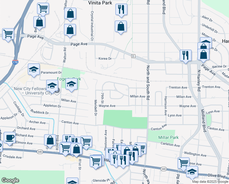 map of restaurants, bars, coffee shops, grocery stores, and more near 7844 Milan Avenue in University City