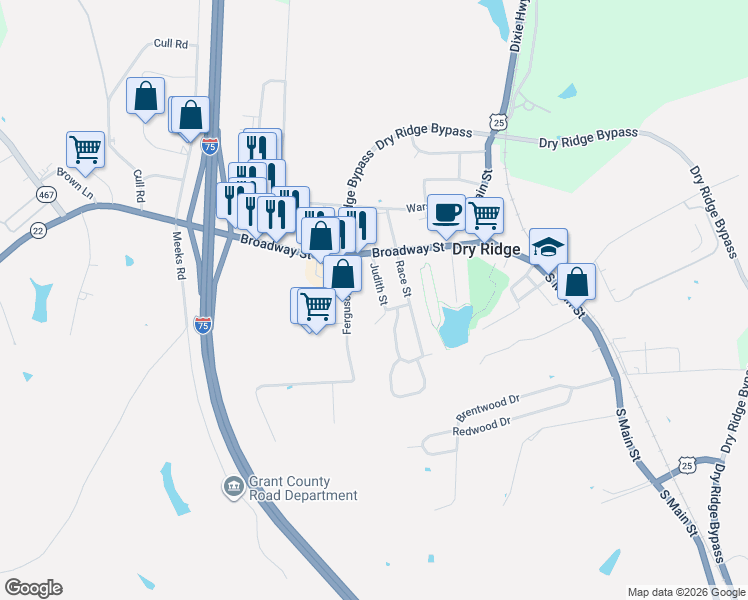 map of restaurants, bars, coffee shops, grocery stores, and more near 20 Ferguson Boulevard in Dry Ridge
