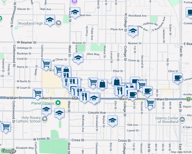 map of restaurants, bars, coffee shops, grocery stores, and more near 167 Cleveland Street in Woodland