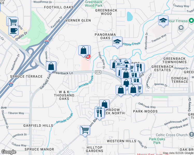 map of restaurants, bars, coffee shops, grocery stores, and more near 6242 Freedom Lane in Citrus Heights