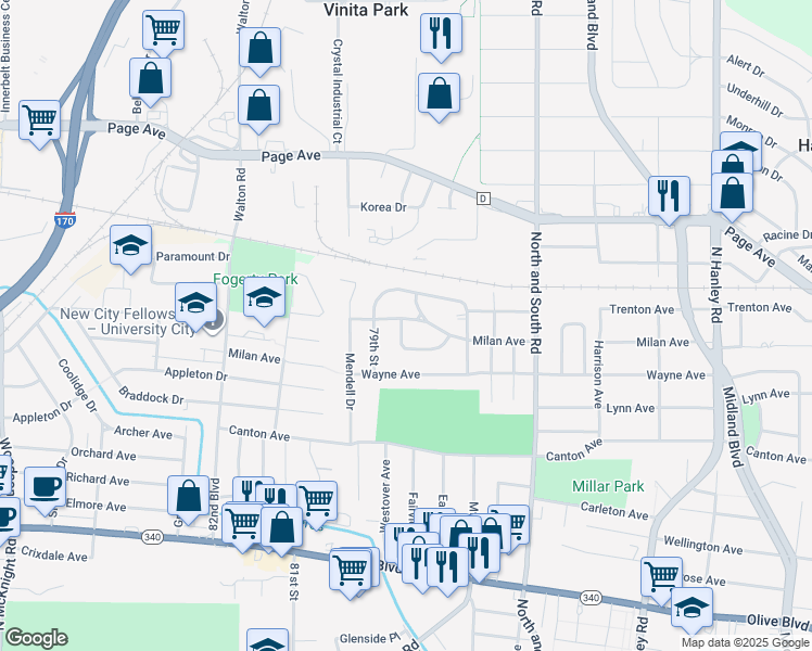map of restaurants, bars, coffee shops, grocery stores, and more near 7844 Milan Avenue in University City