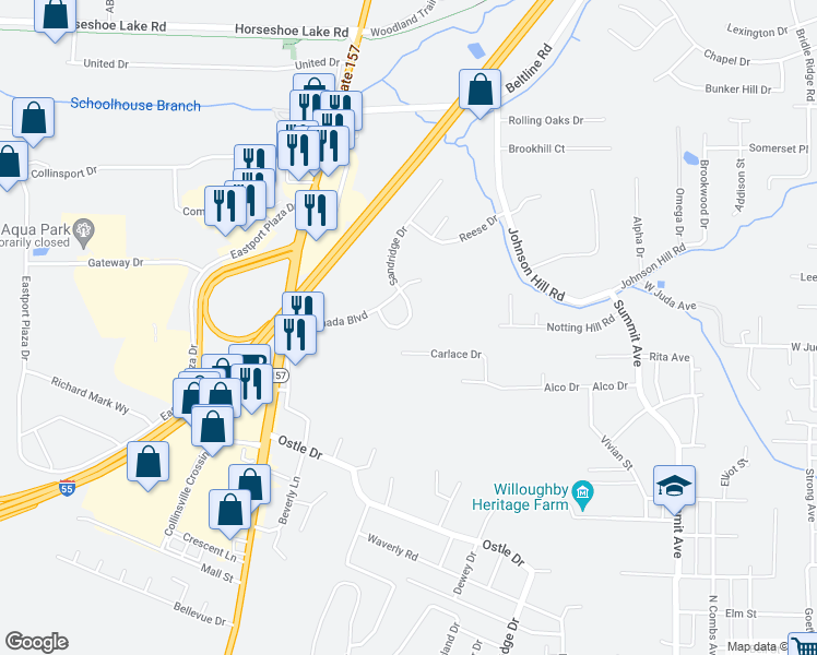 map of restaurants, bars, coffee shops, grocery stores, and more near 1051 Lafayette Court in Collinsville