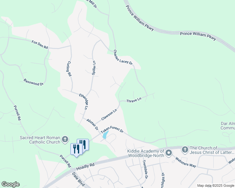 map of restaurants, bars, coffee shops, grocery stores, and more near 12620 Clawson Lane in Manassas