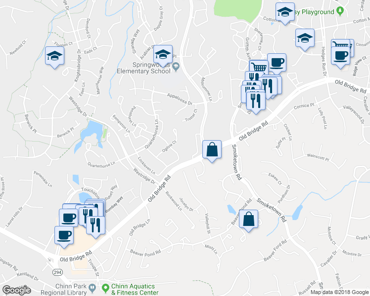 map of restaurants, bars, coffee shops, grocery stores, and more near 3730 Old Bridge Road in Woodbridge