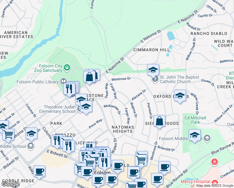 map of restaurants, bars, coffee shops, grocery stores, and more near 214 Rugosa Drive in Folsom
