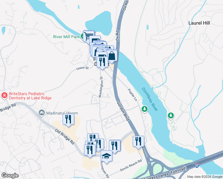 map of restaurants, bars, coffee shops, grocery stores, and more near 109 East Locust Street in Occoquan Historic District