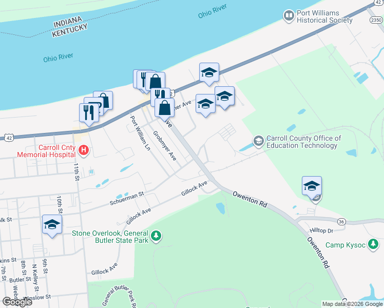 map of restaurants, bars, coffee shops, grocery stores, and more near 517 Park Avenue in Carrollton