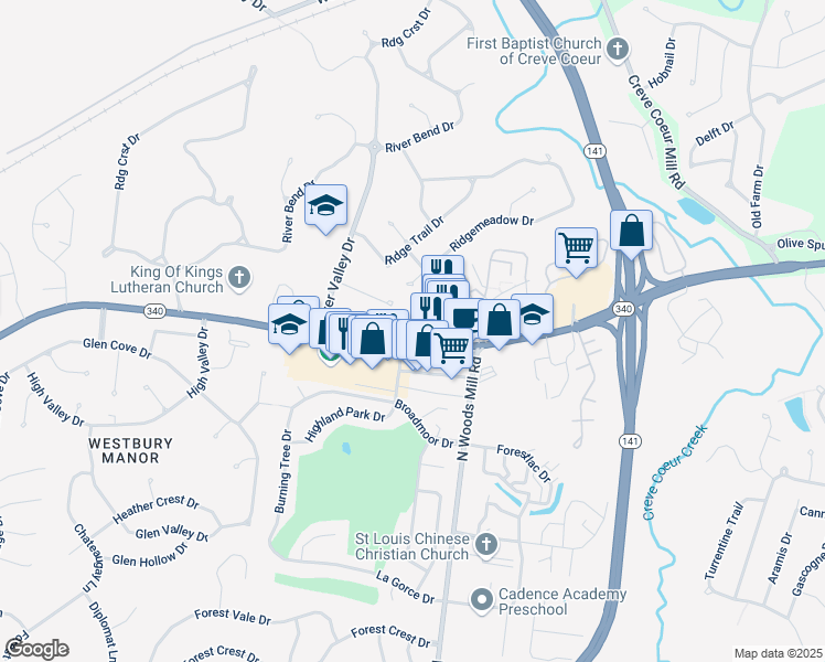 map of restaurants, bars, coffee shops, grocery stores, and more near 13571 Coliseum Drive in Chesterfield