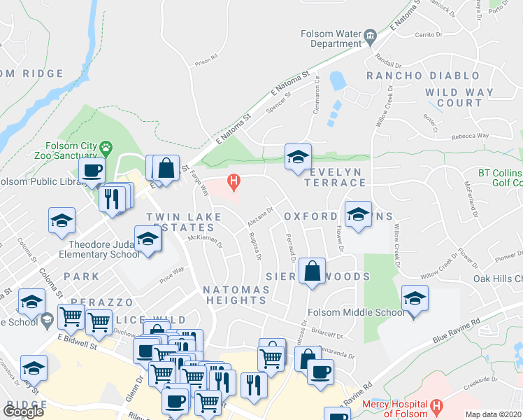 map of restaurants, bars, coffee shops, grocery stores, and more near 113 Alezane Drive in Folsom
