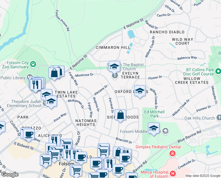 map of restaurants, bars, coffee shops, grocery stores, and more near 272 Montrose Drive in Folsom