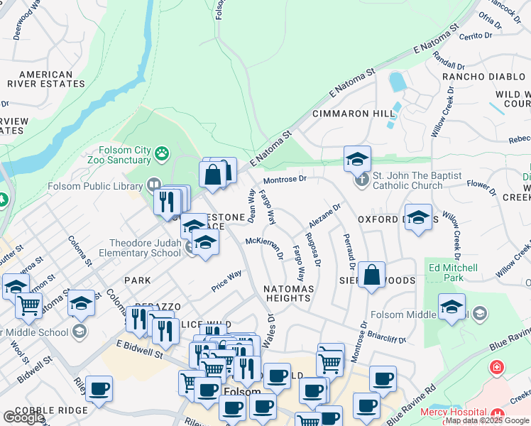 map of restaurants, bars, coffee shops, grocery stores, and more near 214 Rugosa Drive in Folsom