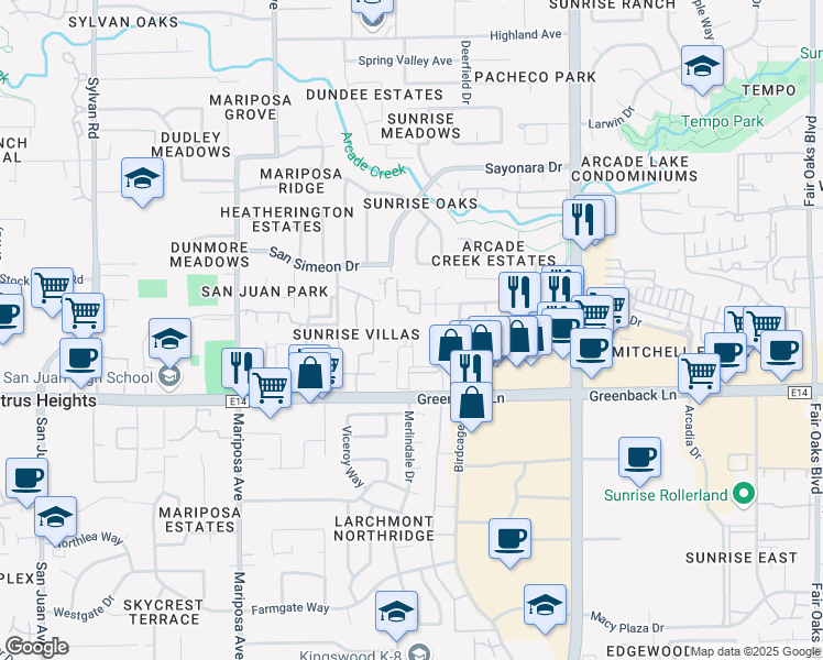 map of restaurants, bars, coffee shops, grocery stores, and more near 7755 Sun Hill Drive in Citrus Heights